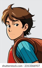 Blend of comic book art and lineart in full natural colors. A young boy with short brown hair and a determined expression. He wears a red t-shirt, cargo shorts, and sturdy hiking boots, city center
