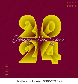 Blend Effect 3D Yellow Text 2024 on Claret Background For Happy New Year Invitation or Greeting Card.
