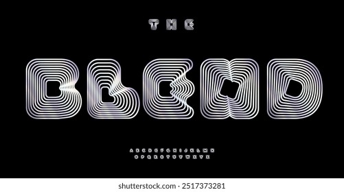 Fusión de fuente, letras distorsionadas con líneas de fusión que crean ilusión óptica de letras 3D. Tipografía de rayas geométricas redondas para identidad tecnológica, marca, carteles creativos. Vector typeset.