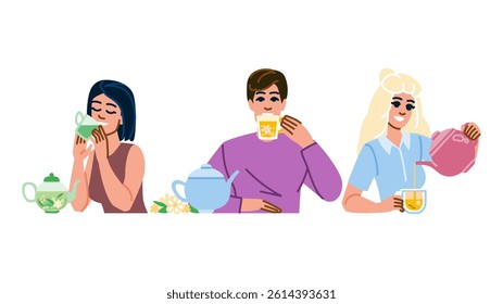 blend herbal tea  vector.  organic green, black rooibos, chamomile peppermint blend herbal tea character. people flat cartoon illustration
