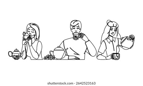 blend herbal tea vector. organic green, black rooibos, chamomile peppermint blend herbal tea character. people black line pencil drawing illustration