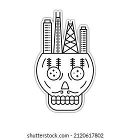 a blend of mono line designs between skulls and city buildings for t-shirt, sticker, mug, etc for t-shirt, sticker, mug, etc