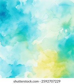 A blend of turquoise and yellow hues, this vibrant watercolor vector background showcases smooth transitions and artistic brush strokes. The abstract design evokes a sense of calm and creativity