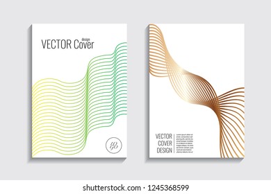 Blended covers, golden gradient wavy lines. Futuristic minimal design. Multi-colored bionic background. Modern visual effect. Repeating lines. For poster, layout, placard, grunge paper, card.