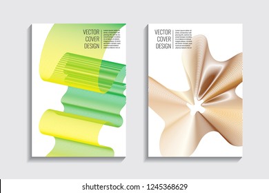 Blended covers, golden gradient wavy lines. Futuristic minimal design. Multi-colored bionic background. Modern visual effect. Repeating lines. For poster, layout, placard, grunge paper, card.