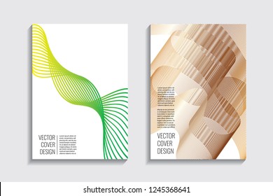 Blended covers, golden gradient wavy lines. Futuristic minimal design. Multi-colored bionic background. Modern visual effect. Repeating lines. For poster, layout, placard, grunge paper, card.
