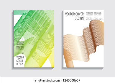 Blended covers, golden gradient wavy lines. Futuristic minimal design. Multi-colored bionic background. Modern visual effect. Repeating lines. For poster, layout, placard, grunge paper, card.