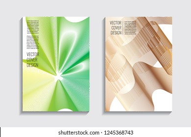 Blended covers, golden gradient wavy lines. Futuristic minimal design. Multi-colored bionic background. Modern visual effect. Repeating lines. For poster, layout, placard, grunge paper, card.