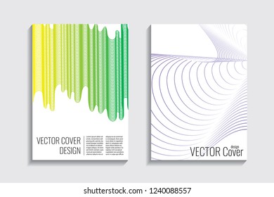 Blended covers with gradient wavy line shapes. Futuristic minimal design. Multi-colored bionic background. Modern visual effect. Repeating lines. For poster, layout, placard, grunge paper, card, book.