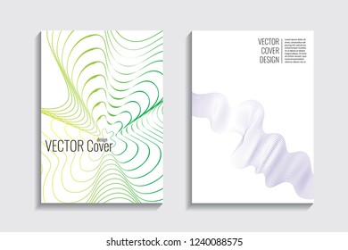Blended covers with gradient wavy line shapes. Futuristic minimal design. Multi-colored bionic background. Modern visual effect. Repeating lines. For poster, layout, placard, grunge paper, card, book.