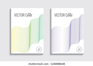 Blended covers with gradient wavy line shapes. Futuristic minimal design. Multi-colored bionic background. Modern visual effect. Repeating lines. For poster, layout, placard, grunge paper, card, book.