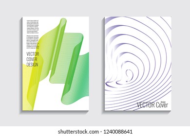 Blended covers with gradient wavy line shapes. Futuristic minimal design. Multi-colored bionic background. Modern visual effect. Repeating lines. For poster, layout, placard, grunge paper, card, book.