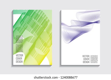 Blended covers with gradient wavy line shapes. Futuristic minimal design. Multi-colored bionic background. Modern visual effect. Repeating lines. For poster, layout, placard, grunge paper, card, book.