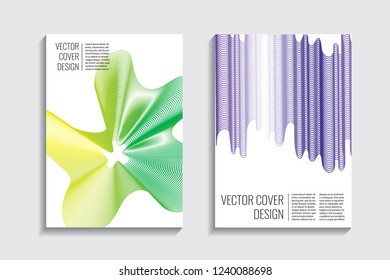 Blended covers with gradient wavy line shapes. Futuristic minimal design. Multi-colored bionic background. Modern visual effect. Repeating lines. For poster, layout, placard, grunge paper, card, book.