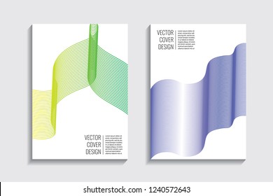 Blended covers with gradient wavy line shapes. Futuristic minimal design. Multi-colored bionic background. Modern visual effect. Repeating lines. For poster, layout, placard, grunge paper, card, book.