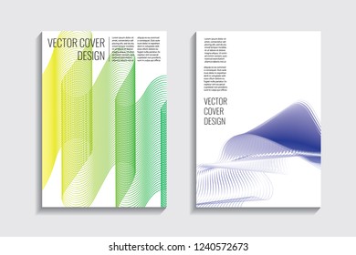 Blended covers with gradient wavy line shapes. Futuristic minimal design. Multi-colored bionic background. Modern visual effect. Repeating lines. For poster, layout, placard, grunge paper, card, book.