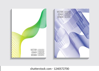 Blended covers with gradient wavy line shapes. Futuristic minimal design. Multi-colored bionic background. Modern visual effect. Repeating lines. For poster, layout, placard, grunge paper, card, book.