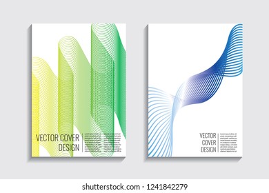 Blended covers with gradient wavy line shapes. Futuristic minimal design. Multi-colored bionic background. Modern visual effect. Repeating lines. For poster, layout, placard, grunge paper, card, book.