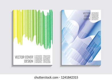 Blended covers with gradient wavy line shapes. Futuristic minimal design. Multi-colored bionic background. Modern visual effect. Repeating lines. For poster, layout, placard, grunge paper, card, book.