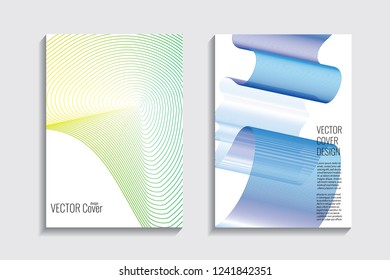 Blended covers with gradient wavy line shapes. Futuristic minimal design. Multi-colored bionic background. Modern visual effect. Repeating lines. For poster, layout, placard, grunge paper, card, book.