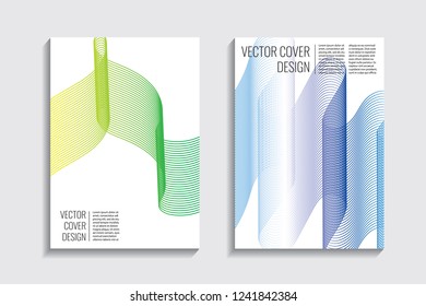 Blended covers with gradient wavy line shapes. Futuristic minimal design. Multi-colored bionic background. Modern visual effect. Repeating lines. For poster, layout, placard, grunge paper, card, book.