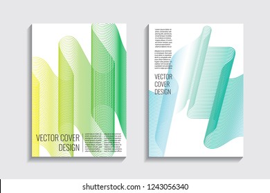Blended covers with gradient wavy line shapes. Futuristic minimal design. Multi-colored bionic background. Modern visual effect. Repeating lines. For poster, layout, placard, grunge paper, card, book.