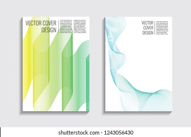 Blended covers with gradient wavy line shapes. Futuristic minimal design. Multi-colored bionic background. Modern visual effect. Repeating lines. For poster, layout, placard, grunge paper, card, book.