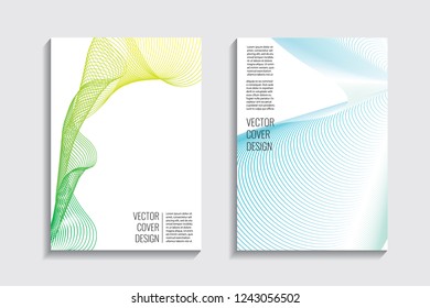 Blended covers with gradient wavy line shapes. Futuristic minimal design. Multi-colored bionic background. Modern visual effect. Repeating lines. For poster, layout, placard, grunge paper, card, book.