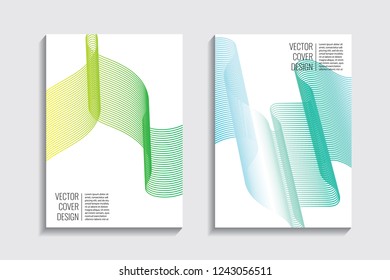 Blended covers with gradient wavy line shapes. Futuristic minimal design. Multi-colored bionic background. Modern visual effect. Repeating lines. For poster, layout, placard, grunge paper, card, book.