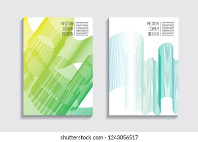 Blended covers with gradient wavy line shapes. Futuristic minimal design. Multi-colored bionic background. Modern visual effect. Repeating lines. For poster, layout, placard, grunge paper, card, book.