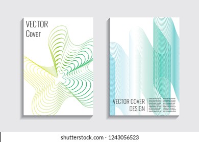 Blended covers with gradient wavy line shapes. Futuristic minimal design. Multi-colored bionic background. Modern visual effect. Repeating lines. For poster, layout, placard, grunge paper, card, book.