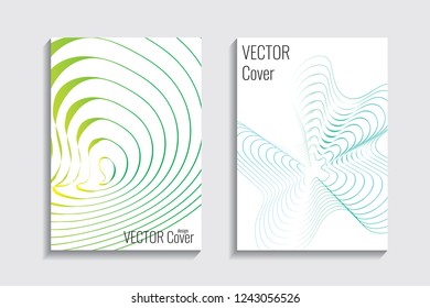 Blended covers with gradient wavy line shapes. Futuristic minimal design. Multi-colored bionic background. Modern visual effect. Repeating lines. For poster, layout, placard, grunge paper, card, book.