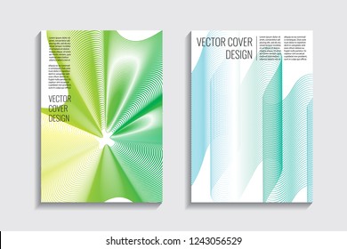 Blended covers with gradient wavy line shapes. Futuristic minimal design. Multi-colored bionic background. Modern visual effect. Repeating lines. For poster, layout, placard, grunge paper, card, book.