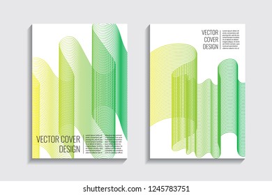 Blended covers, gradient wavy line shapes. Futuristic minimal design. Multi-colored bionic background. Modern visual effect. Repeating lines. For poster, layout, placard, grunge paper, card, book.