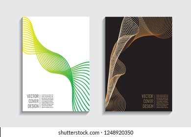 Blended covers, gradient wavy line shapes. Futuristic minimal design. Multi-colored bionic background. Modern visual effect. Repeating lines. For poster, layout, placard, grunge paper, card, book.