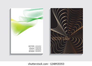 Blended covers, gradient wavy line shapes. Futuristic minimal design. Multi-colored bionic background. Modern visual effect. Repeating lines. For poster, layout, placard, grunge paper, card, book.
