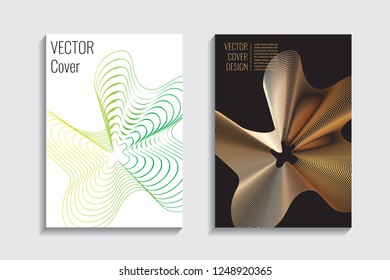 Blended covers, gradient wavy line shapes. Futuristic minimal design. Multi-colored bionic background. Modern visual effect. Repeating lines. For poster, layout, placard, grunge paper, card, book.