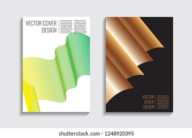 Blended covers, gradient wavy line shapes. Futuristic minimal design. Multi-colored bionic background. Modern visual effect. Repeating lines. For poster, layout, placard, grunge paper, card, book.