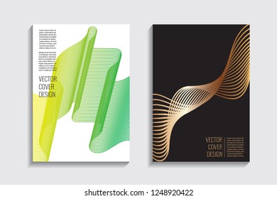 Blended covers, gradient wavy line shapes. Futuristic minimal design. Multi-colored bionic background. Modern visual effect. Repeating lines. For poster, layout, placard, grunge paper, card, book.