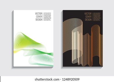 Blended covers, gradient wavy line shapes. Futuristic minimal design. Multi-colored bionic background. Modern visual effect. Repeating lines. For poster, layout, placard, grunge paper, card, book.