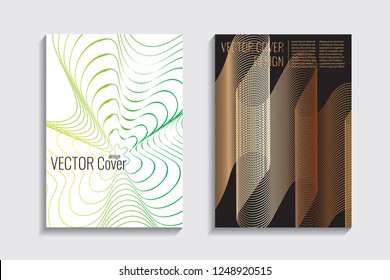 Blended covers, gradient wavy line shapes. Futuristic minimal design. Multi-colored bionic background. Modern visual effect. Repeating lines. For poster, layout, placard, grunge paper, card, book.