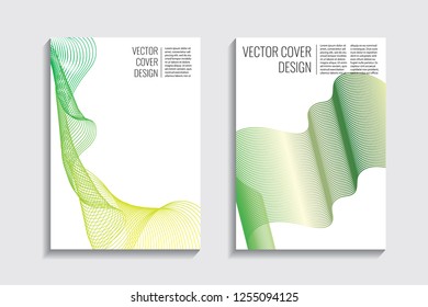 Blended covers, gradient wavy line shapes. Futuristic minimal design. Multi-colored bionic background. Modern visual effect. Repeating lines. For poster, layout, placard, grunge paper, card, book