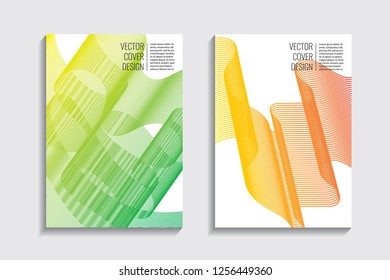Blended covers, gradient wavy line shapes. Futuristic minimal design. Warm-colored bionic background. Modern visual effect. Repeating lines. For poster, layout, placard, grunge paper, card, book