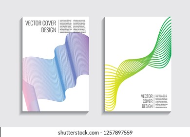 Blended covers, gradient wavy line shapes. Futuristic minimal design. Abstract cyber background. Modern visual effect. Repeating lines. For poster, layout, placard, grunge paper, card, book