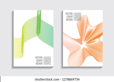 Blended covers, gradient wavy line shapes. Futuristic minimal design. Warm-colored bionic background. Modern visual effect. Repeating lines. For poster, layout, placard, grunge paper, card, book