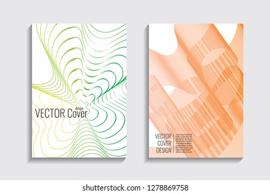 Blended covers, gradient wavy line shapes. Futuristic minimal design. Warm-colored bionic background. Modern visual effect. Repeating lines. For poster, layout, placard, grunge paper, card, book