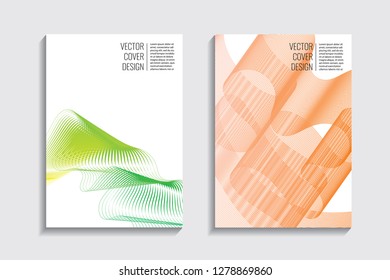 Blended covers, gradient wavy line shapes. Futuristic minimal design. Warm-colored bionic background. Modern visual effect. Repeating lines. For poster, layout, placard, grunge paper, card, book