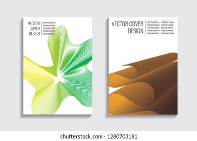 Blended covers, gradient wavy line shapes. Futuristic minimal design. Warm-colored bionic background. Modern visual effect. Repeating lines. For poster, layout, placard, grunge paper, card, book