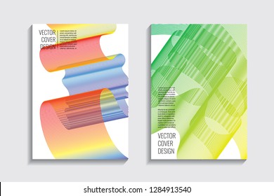 Blended covers, gradient wavy line shapes. Futuristic minimal design. Warm rainbow-colored bionic background. Modern visual effect. Repeating lines. For poster, layout, placard, grunge paper, card