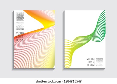 Blended covers, gradient wavy line shapes. Futuristic minimal design. Warm rainbow-colored bionic background. Modern visual effect. Repeating lines. For poster, layout, placard, grunge paper, card